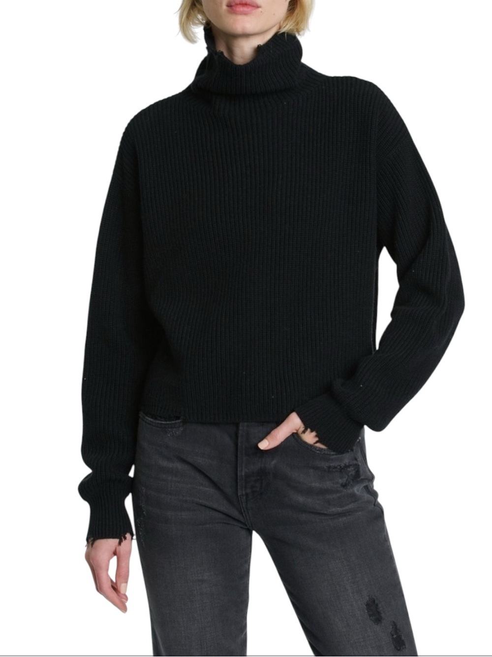 Pistola Sweater Medium Brandy Distressed Turtleneck Black Pullover Sz L Relaxed